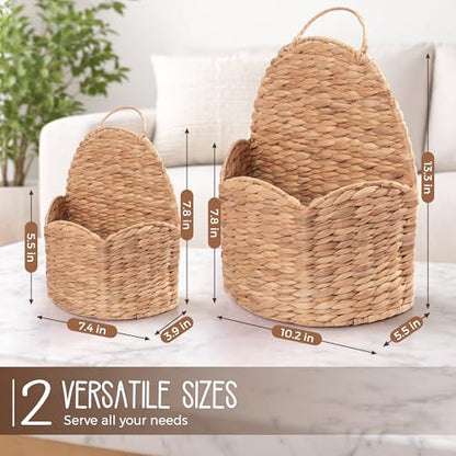2Pcs Water Hyacinth Scalloped Hanging Basket – Wall & Door Organizer with Loop Handle, Front-Entry Mail/Floral Holder, Boho Farmhouse Wicker Wall Décor, Handwoven in Vietnam, Natural Woven Storage Bin