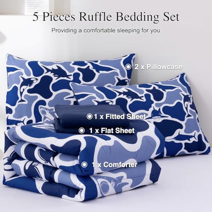 Meeting Story Twin Camo Bedding Set 5 Piece for Boys, Ocean Camo Comforter Set with Shark & Whale, Soft Lightweight All Seasons Kids Bedding Set(Navy,Twin)