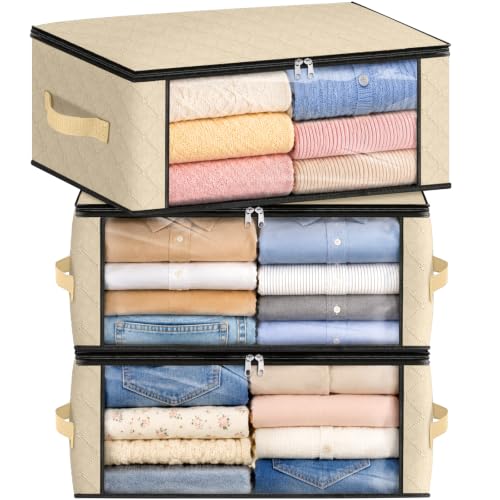 Fab totes 35L Closet Organizers and Storage, Foldable Under Bed Storage Containers, Storage bags for Organizing Bedroom, Closet, Clothing,Organization with Handle (3 Pack,Beige) - color: Beige, size: 3 Pack-35l