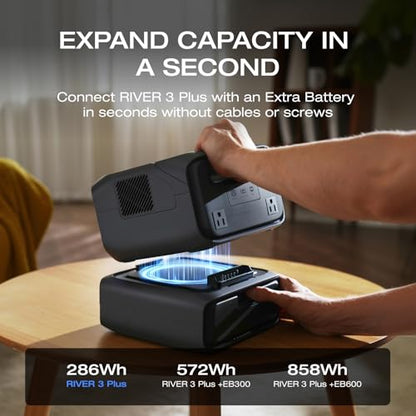 EF ECOFLOW Portable Power Station RIVER 3 Plus, 286Wh/12800mAh LiFePO4 Battery, 3 Up to 1200W AC Outlets, <10 MS UPS, Expandable to 858Wh, <30 dB Quiet, 1Hr Fast Charging Generator for Outdoor Camping - style: RIVER 3 Plus Power Station