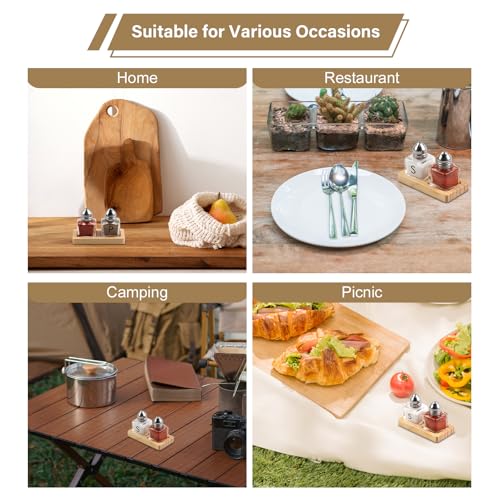 12 Pcs Mini Salt and Pepper Shakers Set with 6 Wood Organizer Sticker 0.5 oz Small Glass Salt and Pepper Shakers Bulk Tiny Individual Salt and Pepper Shakers Cube Spice Jars for Travel Party Camping