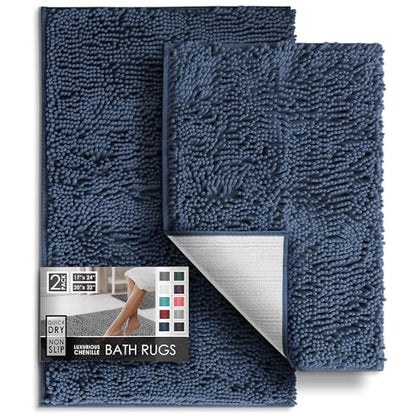 Hearth & Harbor Bathroom Rugs, Chenille Bath Mat - Machine Washable Bath Mats for Bathroom Non-Slip Backing Rubber, Quick Dry Bathroom Mat - color: Navy Blue, style: 17 x 24 + 20 x 32
