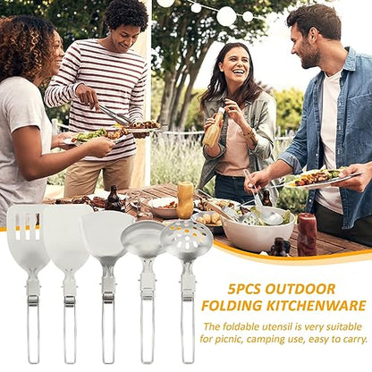 Camping Kitchen Utensil Set, 5Pcs Portable Foldable Stainless Steel Outdoor Cooking Utensil, Practical Folding Soup Ladles Strainer Spatula Kitchen Gear for Outdoor Camping