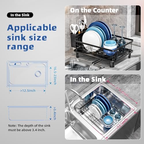 GAOKASE Dish Drying Rack, Stainless Steel-Dish Rack, Dish Racks for Kitchen Counter, Kitchen Dish Drainers with Removable Utensil Holder,New Drain Outlet,Plate Rack and Drainboard,Black - color: Black