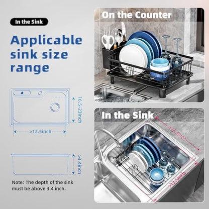 GAOKASE Dish Drying Rack, Stainless Steel-Dish Rack, Dish Racks for Kitchen Counter, Kitchen Dish Drainers with Removable Utensil Holder,New Drain Outlet,Plate Rack and Drainboard,Black - color: Black
