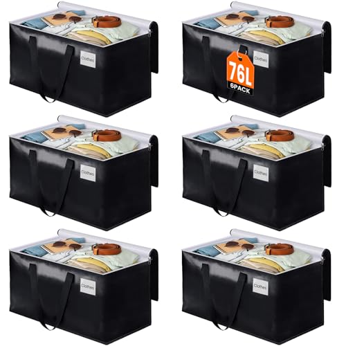 BlissTotes Moving Bags, Heavy Duty Moving Boxes with Zippers Top and Sturdy Handles, Storage Bags for Space Saving and Packing, Collapsible Moving Supplies, Storage Totes (76L, 6-Pack, Black) - size: 76L