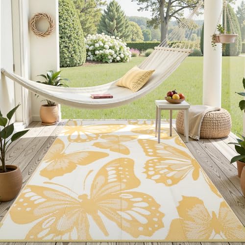 Uphome Outdoor Rug Waterproof 6x9 ft, Patio Plastic Straw Rugs for RV Camping, Reversible Butterfly Mat Outside, Indoor Outdoor Floor Carpet for Back Yard Deck Balcony Porch Beach Picnic, Yellow - color: Yellow, size: 6' x 9' (Rectangular)