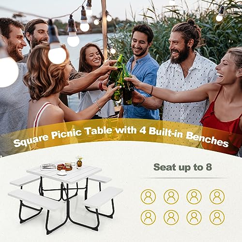 Tangkula 8 Person Picnic Table, Outdoor Square Picnic Table with 4 Built-in Benches, Umbrella Hole, Metal Frame & HDPE Tabletop, Outside Table and Bench Set for Backyard, 2300lbs Weight Capacity - color: White