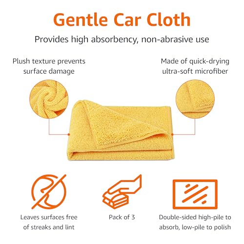 Amazon Basics Microfiber Car Drying Towels, Highly Absorbent, Lint Free, Scratch Free, Buffing and Polishing, Auto Detailing, No Streaks, Soft, Quick Drying, 16" x 16", Yellow, 3-Pack - size: 3 Pack