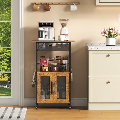 3 Tier Slim Rolling Coffee Cart with 2-Door & Pull-Out Wire Basket Drawer, Coffee Bar Cabinet on Lockable Casters, 32.7" H Microwave Cart with Storage for Home, Kitchen, Dining Room (Rustic Brown) - size: Medium