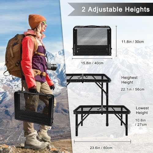Grill Table Camping Table Portable Folding Table,Height Adjustable Collapsible with Mesh Desktop,Lightweight Metal Table for Camp, BBQ, Picnic, RV, Outdoor Cooking, Travel