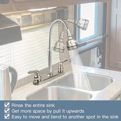 RV Kitchen Faucet,Camper Faucet Kitchen Replacement RV Sink Faucets with Flexible Arch 360 Swivel Rotatable Sprayer for Campers,Travel Trailers,Motorhomes,8 inch 2 Hole,Non-Metallic,Brushed Nickel - color: Brushed Nickel