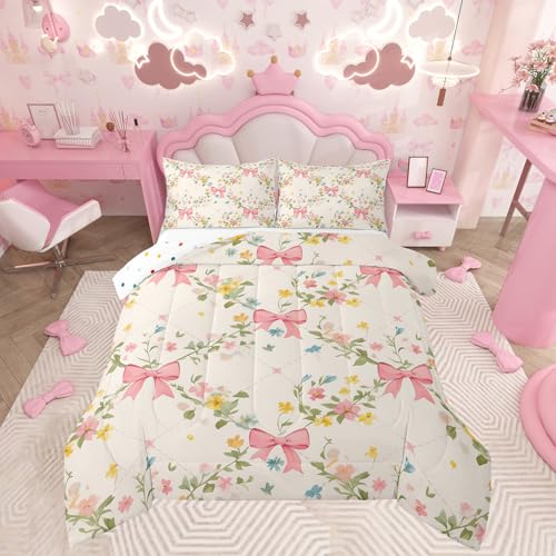 Feelyou Floral Bowknot Comforter Set,Pink Bow Tie Print Bedding Set Twin Size,Girls Bedroom Room Decor,Cute Bow Flower Comforter,Dreamy Princess Style Bed Set for All Season - color: Beige Pink Green, size: Twin