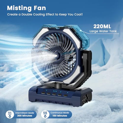 Misting Fan Portable, 20000mAh Rechargeable Battery Powered Camping Fan with Light, Personal USB Battery Operated with Hook & 250mL Water Tank for Outdoor, Tents, Beach, Travel. - color: Blue