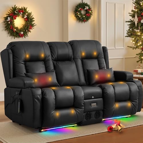 TUNYI Power Loveseat Recliner Sofa with Massage & Heat Home Theater Seating with Console RV Recliner Loveseat Sofa with USB/Storage/Side Pocket/LED Light/Speaker (Black, Loveseat) - color: Black, size: 2 Seat
