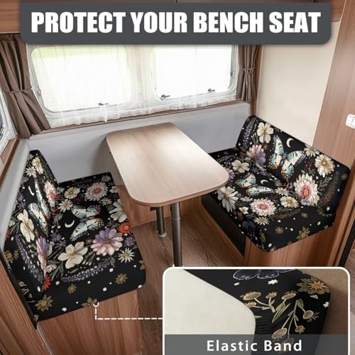 Butterfly Daisy Floral Moon Pattern RV Dinette Cushion Covers Stretch Camper Cushions Cover Replacement Couch Cushion Slipcovers for Travel Trailer Couch, 2 Sets - color: Butterfly Daisy Floral Moon