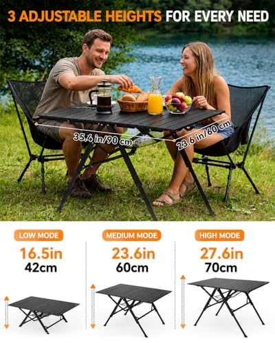 Sportneer Camping Table: 35.4"x23.6" Large Bi-Fold Portable Folding Table with Fast Open Design, 3 Adjustable Heights Aluminum Tabletop for Camping Picnics Fishing BBQs & Backyard Use - color: Black