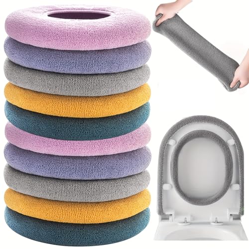 10 Pcs Bathroom Soft Thicker Warmer Stretchable Washable Cloth Toilet Seat Cover Pads (5 colors, 2 of each) - color: 5color*2
