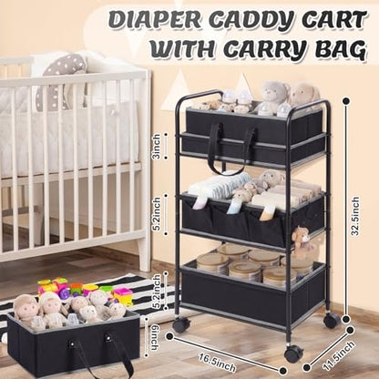 Honeydak 2in1 Baby Diaper Caddy Organizer Cart 3 Tier Large Capacity Metal Utility Bedside Rolling Cart with Divider Newborn Registry Nursery Essential Must Have Crib Bedroom Baby Shower(Black) - color: Black