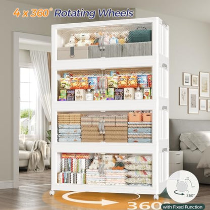600QT Extra Large Stackable Storage Bins with Lid & Wheels & Doors, 150Gal Foldable Collapsible Closet Organizers, Plastic Cabinet Box Container Drawer for Home Kitchen Bedroom, 5Pack White - style: 5Pack