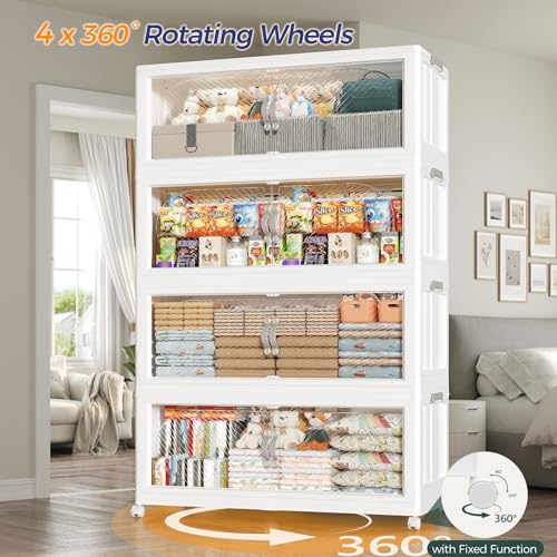 360QT Extra Large Stackable Storage Bins with Lid & Wheels & Doors, 90Gal Foldable Collapsible Closet Organizers, Plastic Cabinet Box Container Drawer for Home Kitchen Bedroom, 3Pack White - style: 3Pack