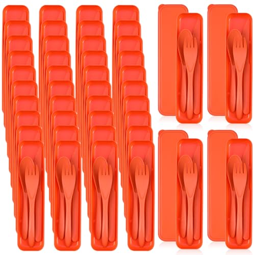 Jinei 50 Sets Reusable Travel Utensils Set with Case Wheat Straw Cutlery Portable Spoon Knife Forks Lunch Box Accessories Friendly Tableware for Kids Adults Camping Utensils(Orange) - color: Orange