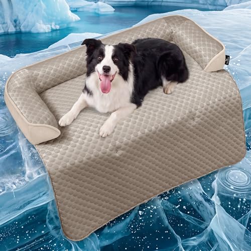 Large Cooling Dog Bed Mat - 41 x 37 inch Waterproof Couch Cover for Dogs Washable, Non-Slip Bottom Self Cooling Mat for Dogs, Durable & Non-Gel, Dog Couch Bed for Sofa Floor Car, Taupe - color: Taupe, size: 41"L x 37"W x 5"Th