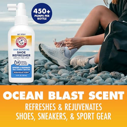 Arm & Hammer Shoe Refresher Spray, Odor Eliminator for Sneakers, 24 Odor & Wetness Control, Aerosol-Free Shoe Deodorizer Spray, Ocean Blast Scent, 3.4 oz, Pack of 2 - size: 3.4 Ounce (Pack of 2)