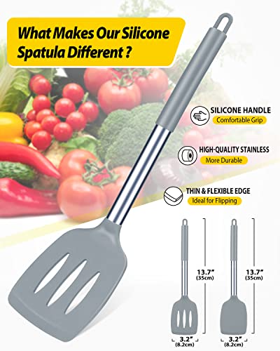 Pack of 2 Silicone Solid Turner, Non Stick Slotted Kitchen Spatulas, High Heat Resistant BPA Free Cooking Utensils, Ideal Cookware for Fish, Eggs, Pancakes(Gray) - color: Gray