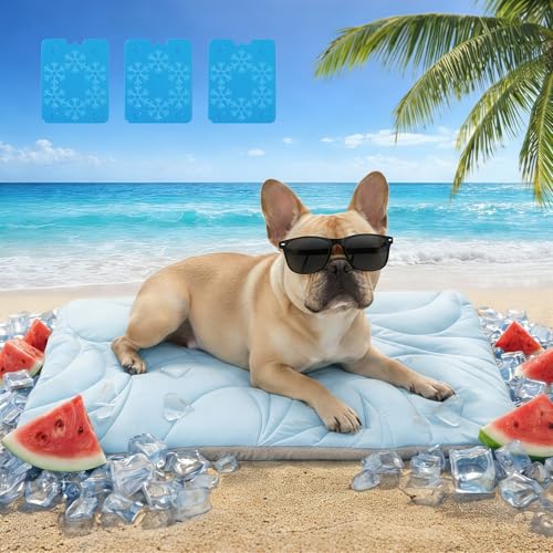 Vagascape Dog Cooling Mat New 5.0 Version Built-in Ice Pack, Long-Lasting Cool 6-8h, 35" x 27" Ultra Thick Soft Vine Pattern Pet Cooling Mat, Washable Foldable Large Cooling Pad for Indoor Outdoor - color: Baby Blue, size: Large
