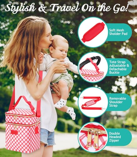 PIIOSER Breastmilk Cooler Bag with Ice Pack, Fits 6 Baby Bottles Up to 9 Oz, Stylish Baby Cooler Travel Bags with Shoulder Strap, Double Deck & Leakproof for Nursing & Working Mom-Red & White Striped - color: Red & White