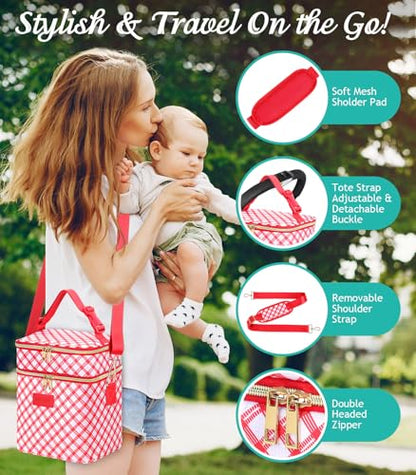 PIIOSER Breastmilk Cooler Bag with Ice Pack, Fits 6 Baby Bottles Up to 9 Oz, Stylish Baby Cooler Travel Bags with Shoulder Strap, Double Deck & Leakproof for Nursing & Working Mom-Red & White Striped - color: Red & White