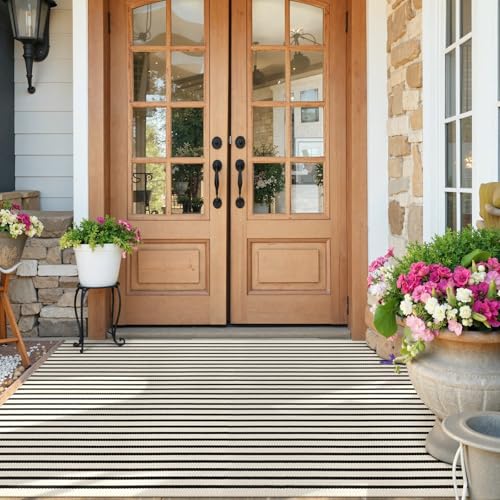 Collive Black and White Outdoor Rug 4'x 6', Patio Rug Washable Small Living Room Rug, Farmhouse Cotton Woven Area Rug Layered Welcome Doormat Floor Carpet for Front Door Bedroom - color: Black Strips, size: 4' x 6' (Rectangular)