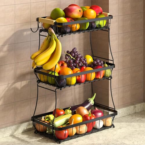 Sevenblue 3 Tier Fruit Basket for Kitchen Counter with 2 Mobile Banana Hangers, 2026 Pro Detachable Metal Fruit Bowl with Wooden Handle, Fruit Holder for Bread Snack Veggies with Protective Mats - color: Black, size: 3 Tier Standard