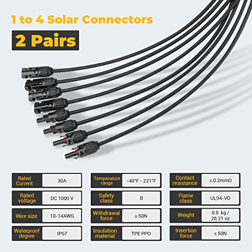 BougeRV Solar Y Branch Connectors Extra Long Solar Panel Parallel Connectors 1 to 4 Solar Cable Wire Plug Tool Kit (2 Pairs/M/FFFF and F/MMMM) - size: 2 Pairs/M/FFFF and F/MMMM