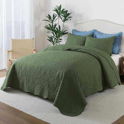 HoneiLife Queen Size Quilt Sets - Embroidered Bedspreads 3-Piece, Reversible Coverlet Lightweight Bedcover Rustic Bedding Set Autumu/Winter Quilts for Queen Bed - color: Olive, size: Queen/Full-90"x96"