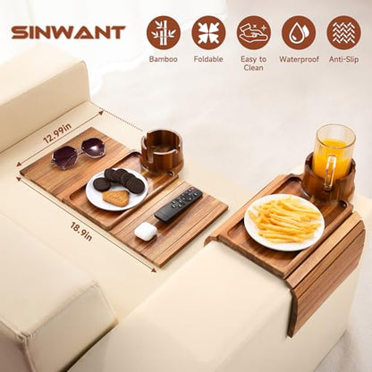 SINWANT Couch Cup Holder Tray,Acacia Wood Sofa Arm Clip on Tray Table with 360° Rotation Cup Holder,Foldable Anti-Slip Couch Armrest Table for Coffee Mug,Water Bottles,Snacks,Remote on Large Armrest - color: Acacia Wood