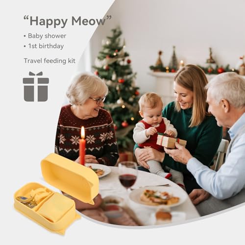 Baby Travel Essentials 6 Pc Feeding Set - Cute Cat Toddler Plates with Suction, 304 Stainless Steel Spoon & Fork, Foldable Silicone Bib in Travel Case - BPA-Free Airplane Travel Gear (Pale Yellow) - color: Pale Yellowe