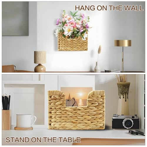 Woven Hanging Magazine Holder, Water Hyacinth Mail Basket Wall Mounted Magazine Basket Rack with Handle for Book, Files Bathroom, Home, Office - 11.75 X 4.2 X8 Inch