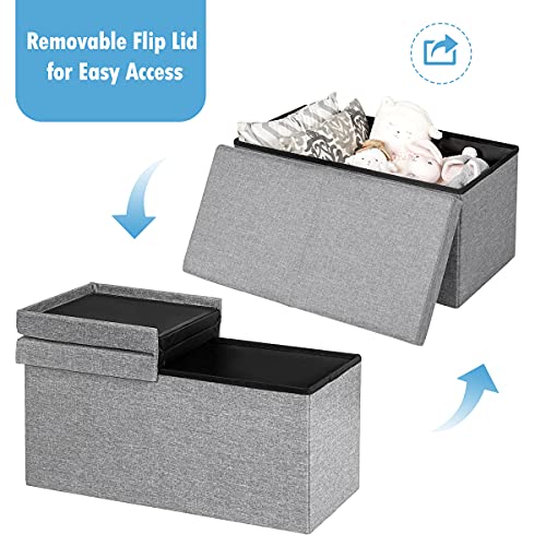 Folding Storage Ottoman w/Flipping Lid, End of Bed Bench, Fabric Shoe Bench w/Padded Seat, Upholstered Foot Rest Stool, Storage Box for Living Room, Bedroom, Entryway (Silver)