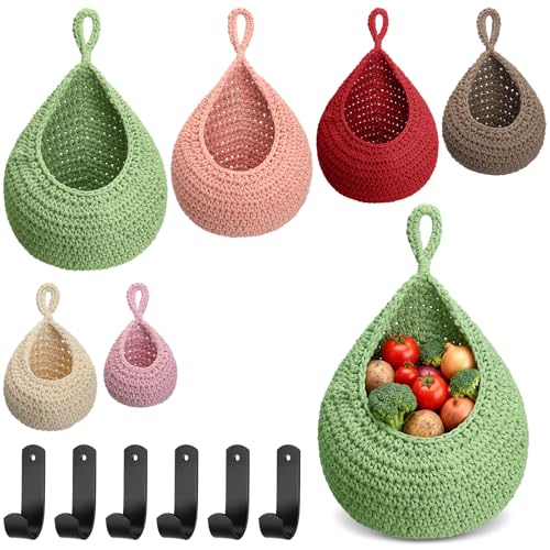 Honeydak 6 Pack Boho Hanging Wall Baskets for Kitchen, Teardrop Hanging Fruit Vegetable Basket with 6 Hooks, Cute Onion Storage Net for Camper, Bathroom, Entryway, Nursery, 6 SizeColorful) - color: Colorful