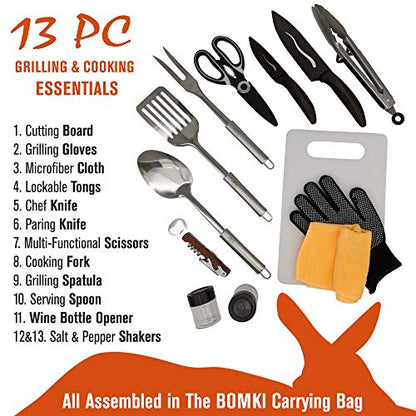 13 PC Grilling and Camping Cooking Utensils Set for The Outdoors BBQ - Stainless Steel Camp Kitchen Set Cookware Grill Tool Accessories Kit with Lightweight Stylish Crossbody Carrying Bag (Brown) - style: Brown Lite