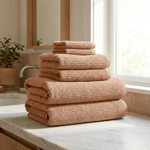 Great Bay Home Turkish Cotton 6 Piece Towel Set - Absorbent, Quick-Drying, Ribbed Bath Towels for Bathroom - Zero-Twist Fibers (Adobe) - color: Adobe