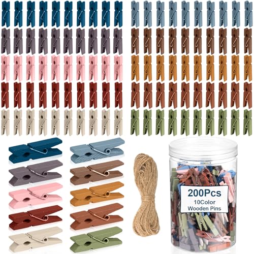 200Pcs Mini Clothes Pins Wooden Colored Small Clothespins Photo Pegs Craft Pictures Clips with Jute Twine Tiny Wood Decorative Clips for Photo Wall Home School Party Arts Projects DIY Decor (Boho) - color: Boho