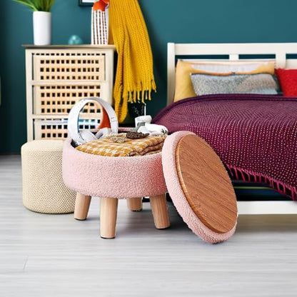 Wimarsbon Storage Ottoman, Modern Round Footrest with Soft Padded Seat, Teddy Velvet Footstool with Wood Legs, Accent Small Table or Plant Stand for Hallway, Living Room (Pink) - color: Pink