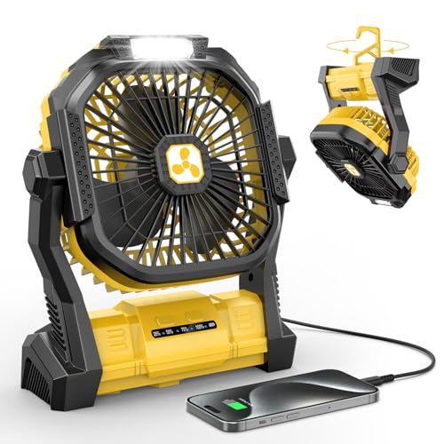 ONLYNEW Portable Fan Rechargeable, 20000mAh Cordless Battery Powered Fan with LED Lantern, USB C Battery Operated for Travel Bedroom Home Camping Tent Office Beach Desk Fishing Table (Yellow) - color: Yellow, size: Medium