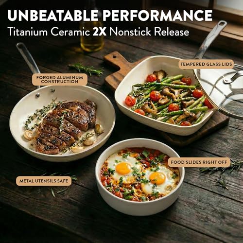 Gotham Steel Hammered 15 Pc Ceramic Cookware Set Nonstick, Pots and Pans Set Non Stick with Induction Cookware, Cooking Utensils & Steamer, Non Toxic PFOA PFOS Free, Oven & Dishwasher Safe - color: Hammered Cream