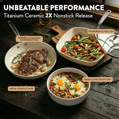 Gotham Steel Hammered 15 Pc Ceramic Cookware Set Nonstick, Pots and Pans Set Non Stick with Induction Cookware, Cooking Utensils & Steamer, Non Toxic PFOA PFOS Free, Oven & Dishwasher Safe - color: Hammered Cream