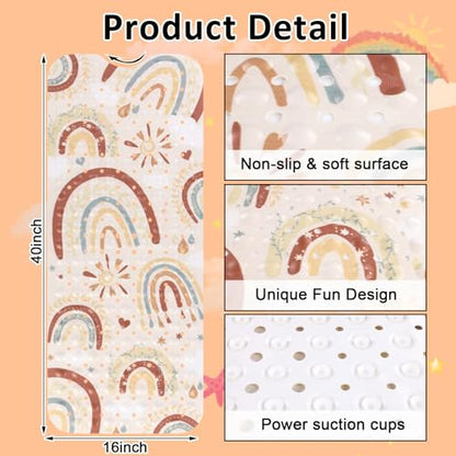 Topotdor Baby Bathtub Mat Non Slip for Kids, 40 X 16 Inch Cute Cartoon Bath Tub Shower Mat Anti Slip with Suction Cups & Drain Holes, Boho Rainbow - color: Boho Rainbow