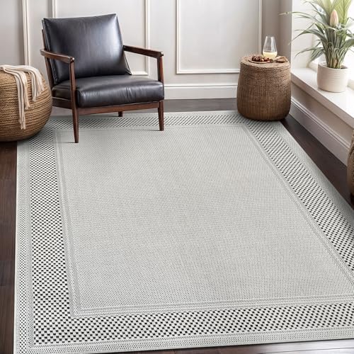 CAMILSON Easy Jute Rug 5x7, Indoor Outdoor Off-White Color Fiber Area Rugs for Living Room Patio and Kitchen Rug Bordered Boho Woven Design, Easy-Cleaning, Washable Outside Carpet (5 x 7) - color: Bordered/Bone-black, size: 5' x 7' (Rectangular)